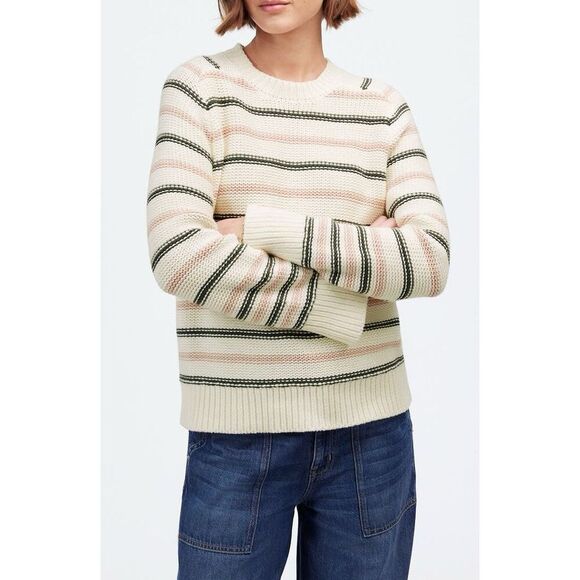 Madewell Stripe Crewneck Cotton Sweater size M Cream - Picture 1 of 10